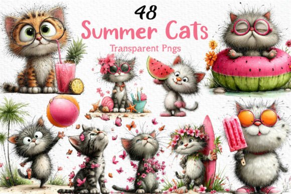 Download Whimsical Summer Cats Clipart PNG - Premium Bundle